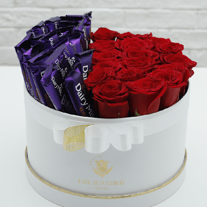 Box Of Red Roses With Dairy Milk Chocolate | Flower Delivery In Doha