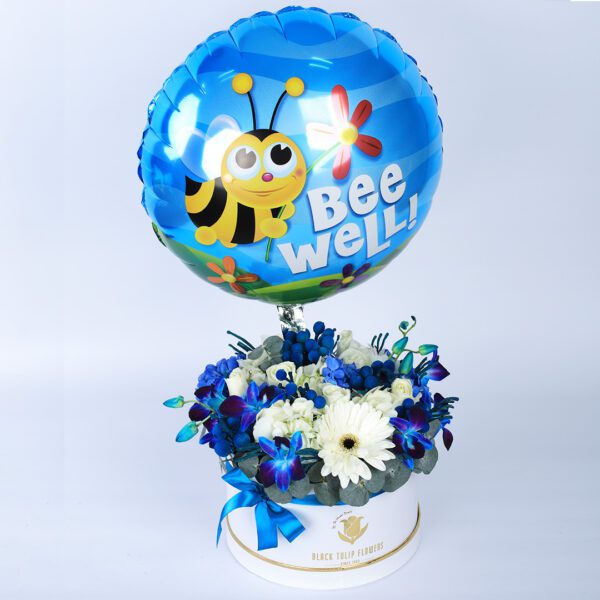 Bee Well Soon flower box with Bee Well balloon by Black Tulip Flowers