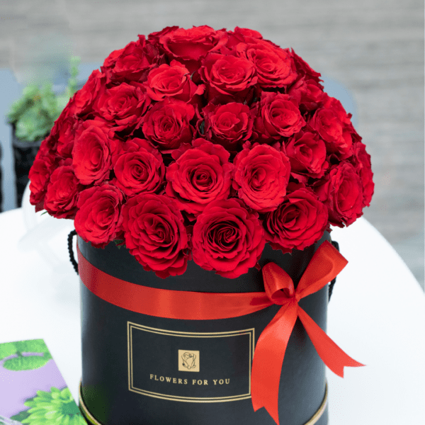 Red roses in a hat box