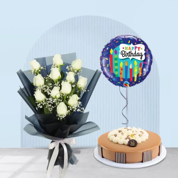 white roses bouquet with mocha bean cake