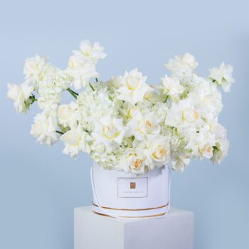 A beautiful arrangement with white roses and hydrangea in a white box.