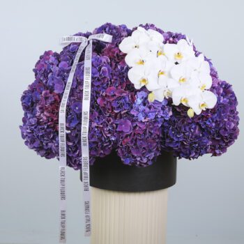 Graceful flower arrangement with purple hydrangeas and Phalaenopsis orchids, beautifully presented in a chic box.