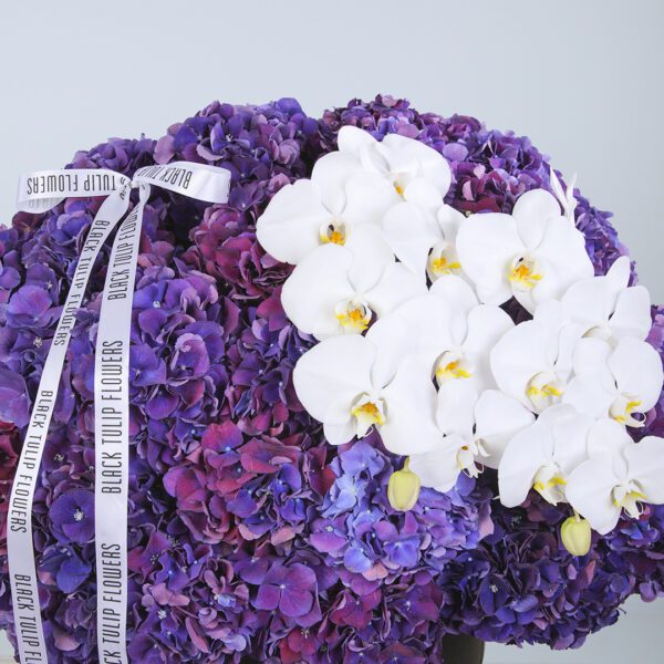 Floral display with purple hydrangeas and Phalaenopsis orchids in a stylish box.