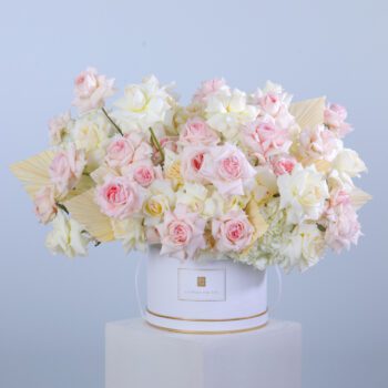 A pristine white box featuring pink and white flowers, exuding a fresh and inviting aesthetic.