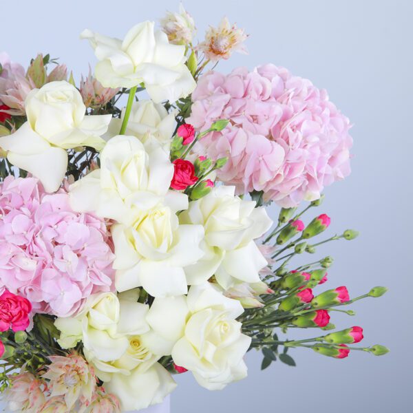 A comforting arrangement of pink hydrangeas and white roses, suitable for a get-well visit.