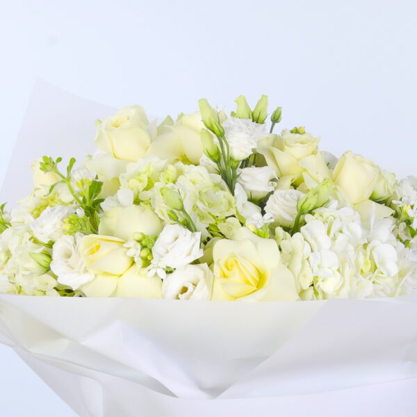 Classic white flower bouquet, beautifully bundled in a delicate white wrap.