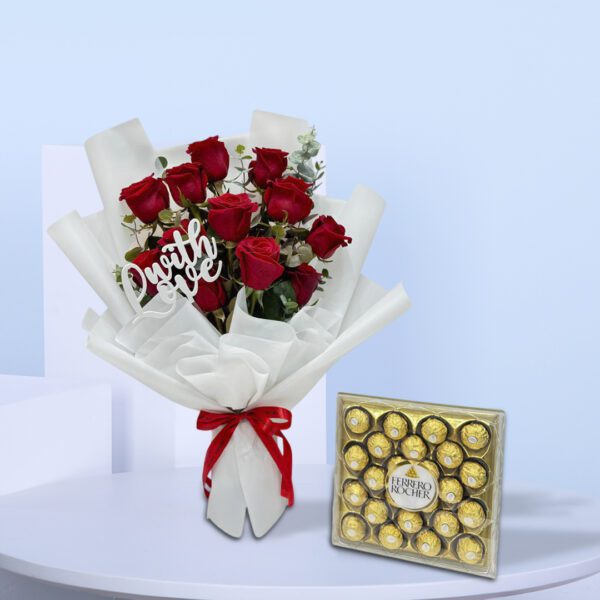 12 Red Roses bouquet and abox of Chocolate.