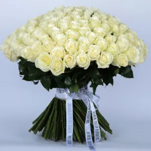 A large bouquet of 101 white roses tied with black ribbons, sits on a white surface.